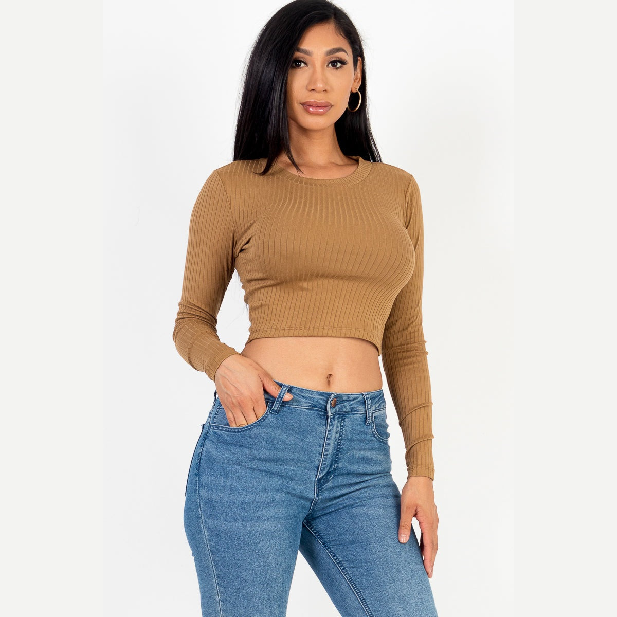 Long Sleeve Round Neck Basic Crop Top