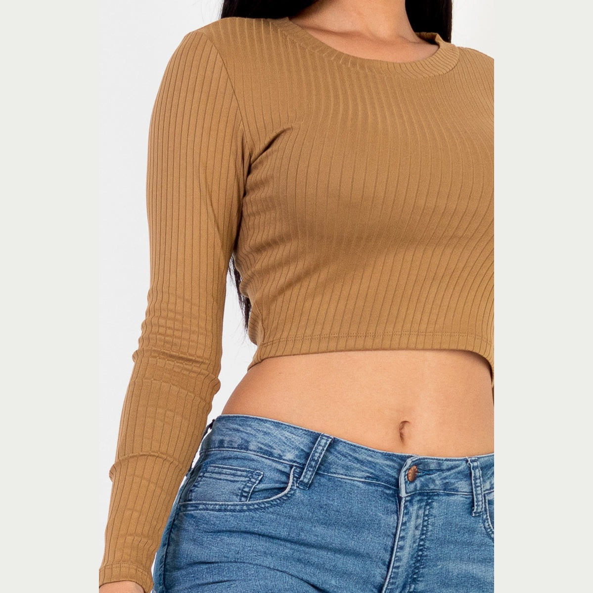 Long Sleeve Round Neck Basic Crop Top