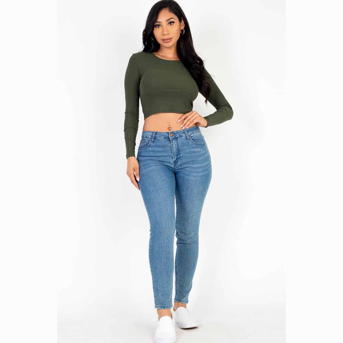 Long Sleeve Round Neck Basic Crop Top