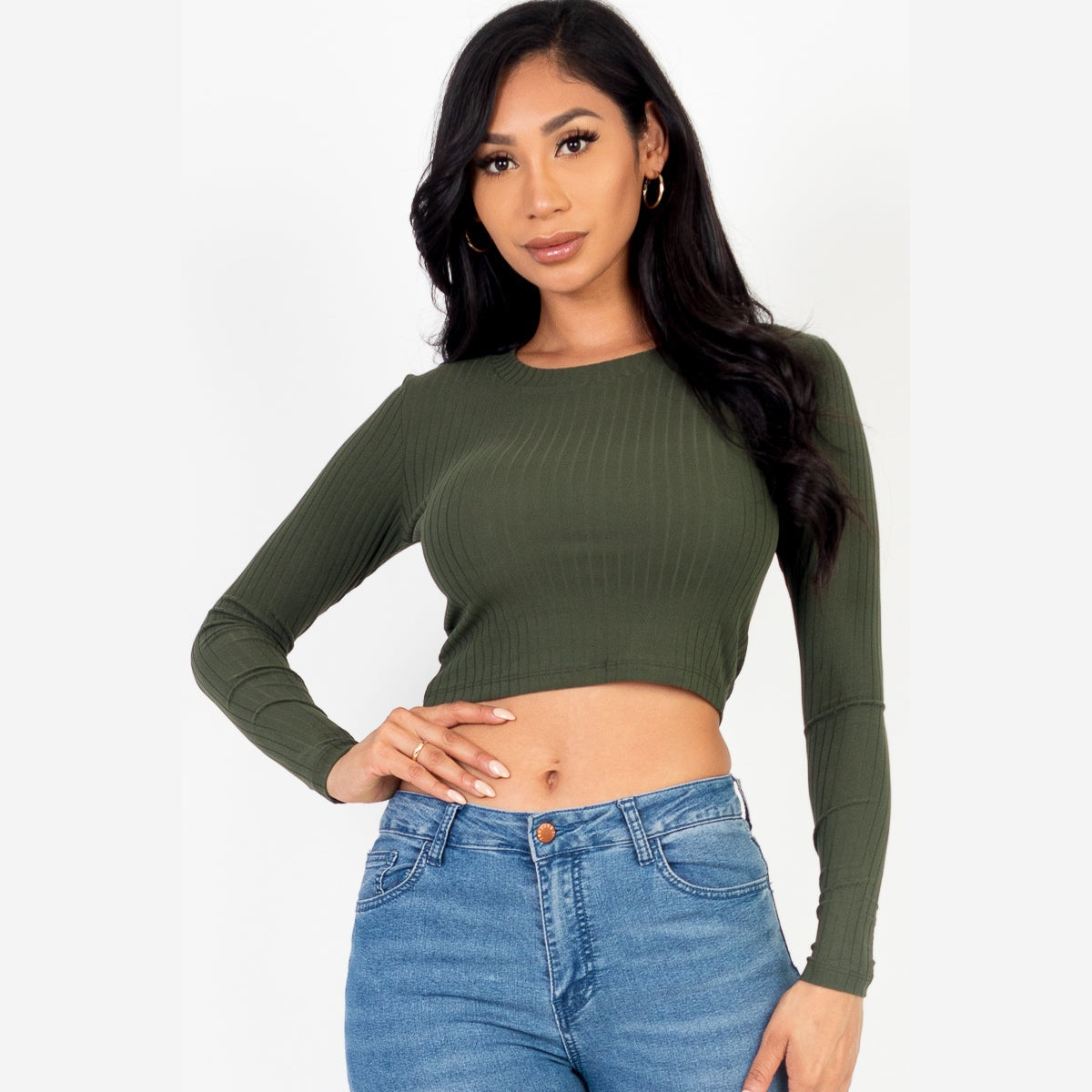 Long Sleeve Round Neck Basic Crop Top