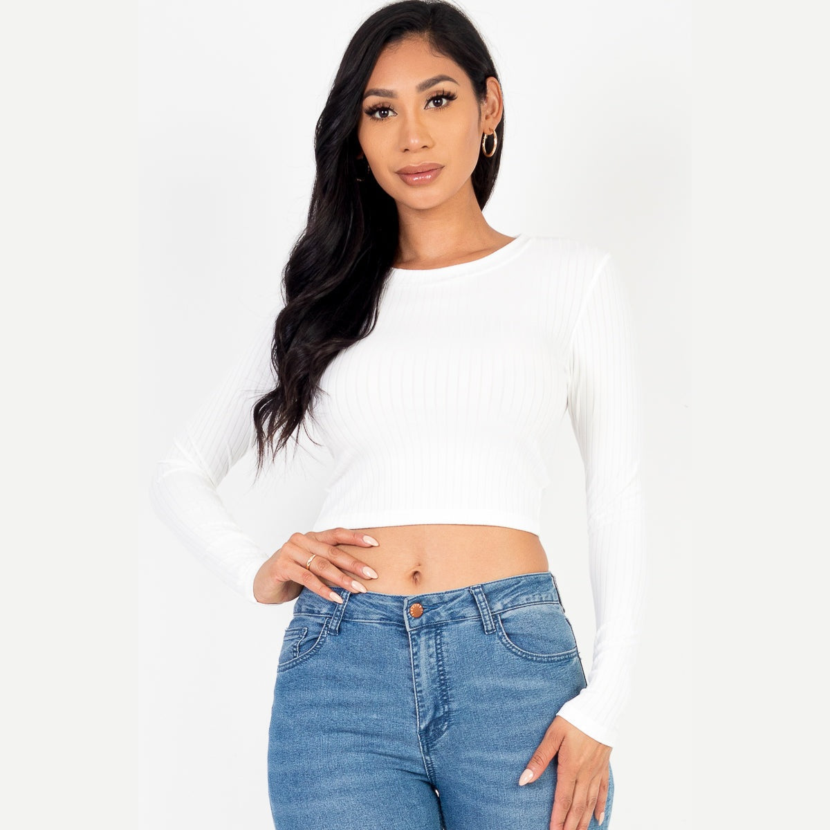 Long Sleeve Round Neck Basic Crop Top