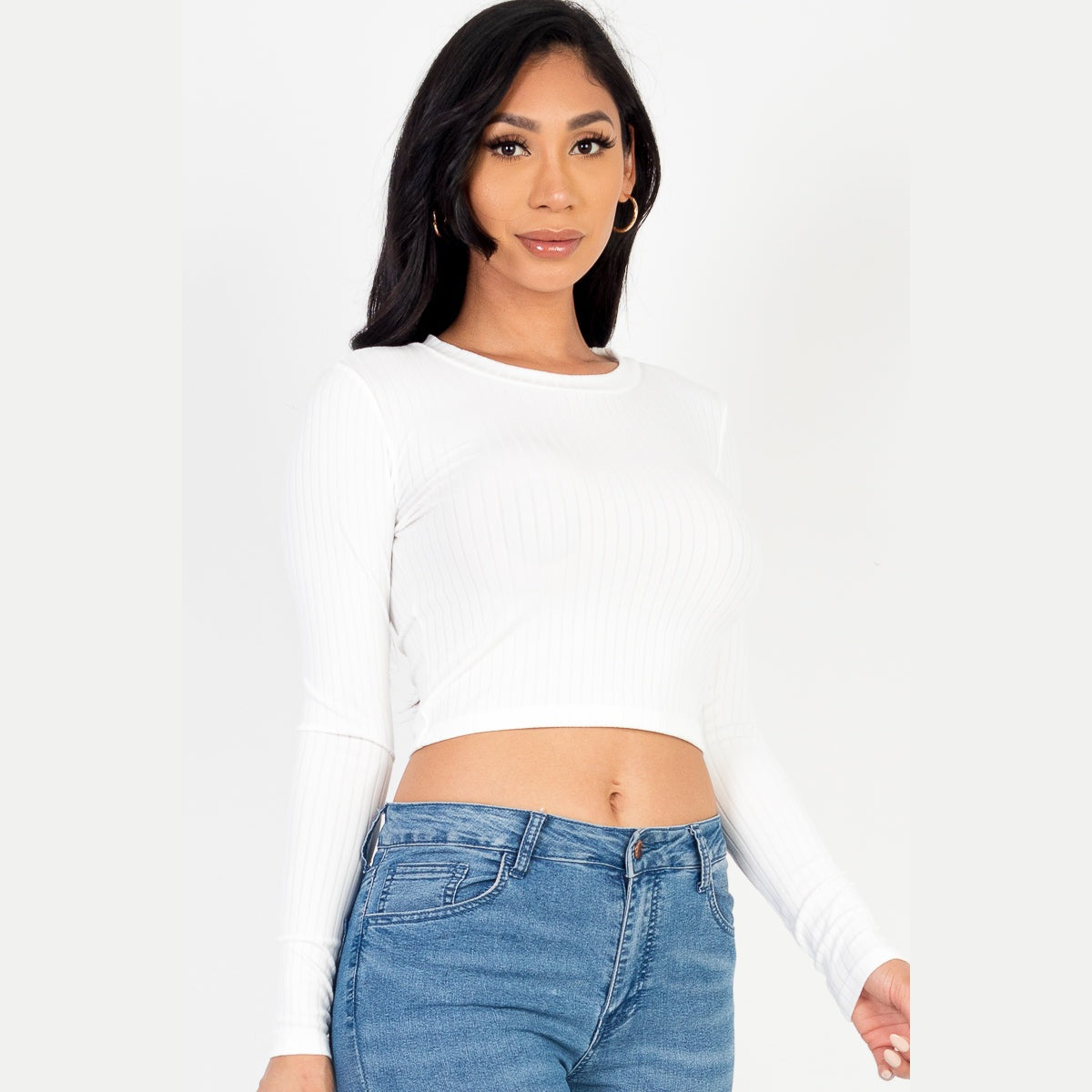 Long Sleeve Round Neck Basic Crop Top