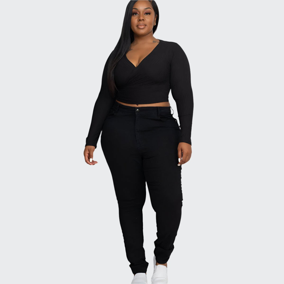 Plus Size Ribbed Wrap Front Long Sleeve Top