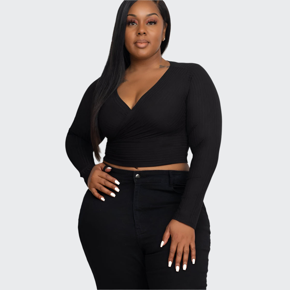Plus Size Ribbed Wrap Front Long Sleeve Top