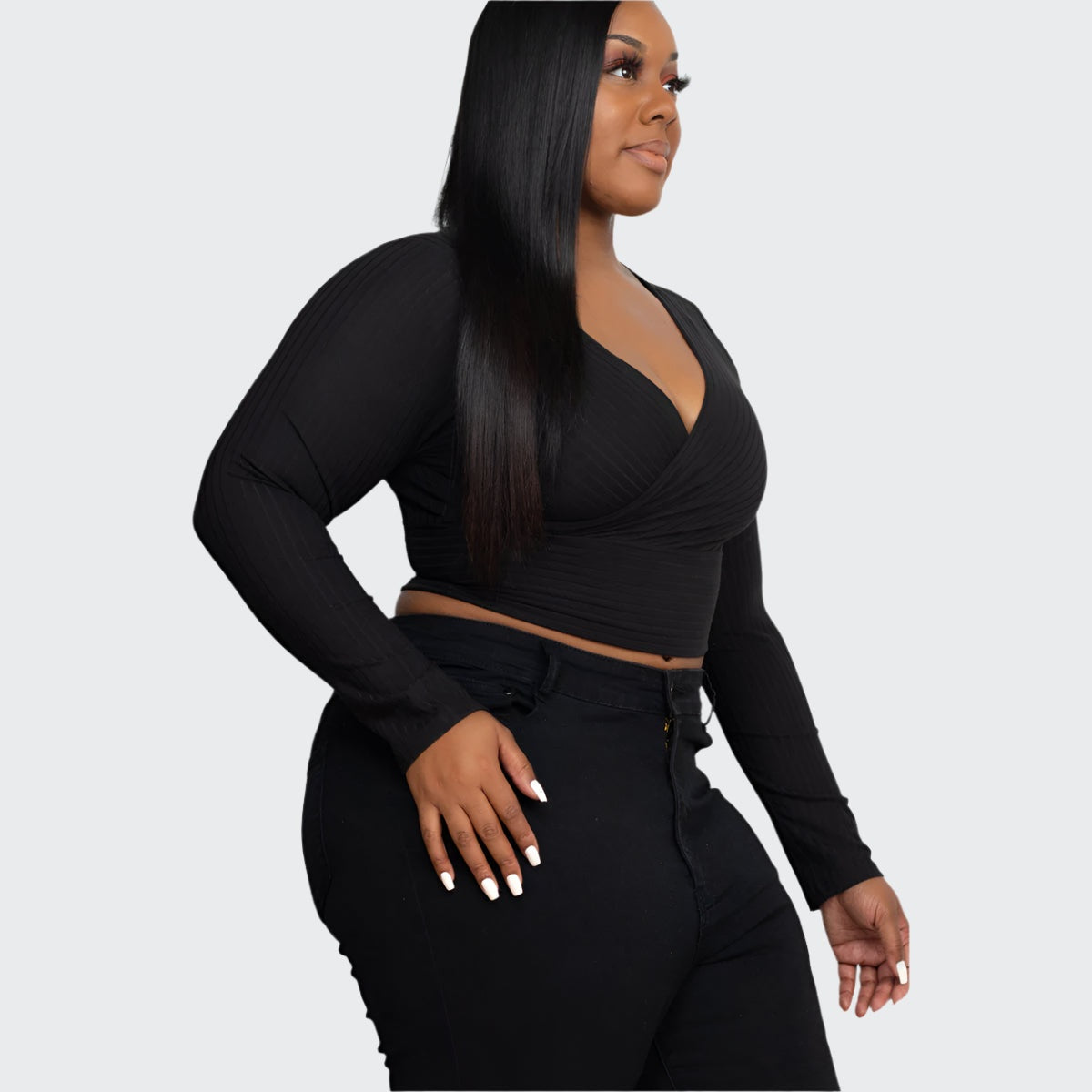 Plus Size Ribbed Wrap Front Long Sleeve Top