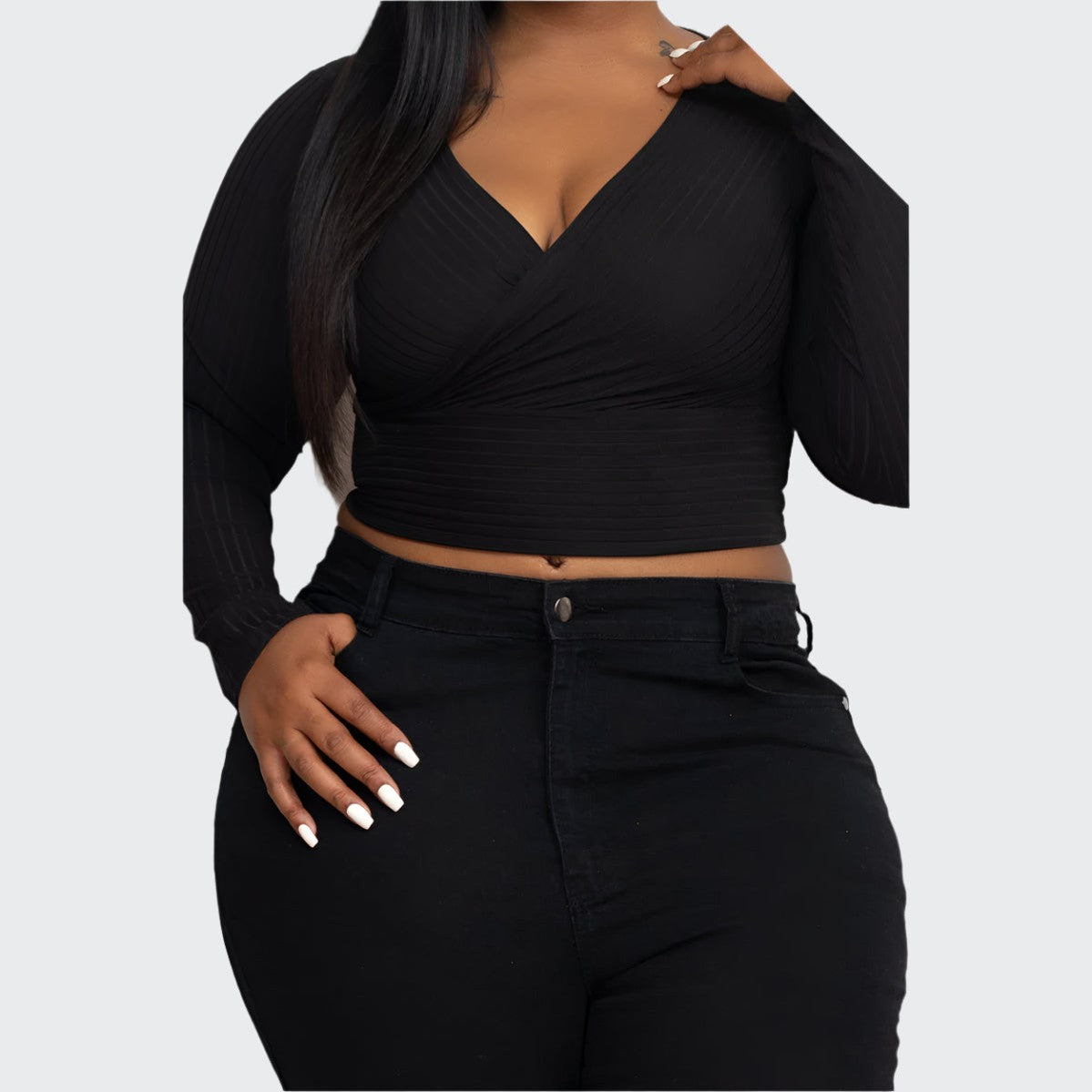 Plus Size Ribbed Wrap Front Long Sleeve Top