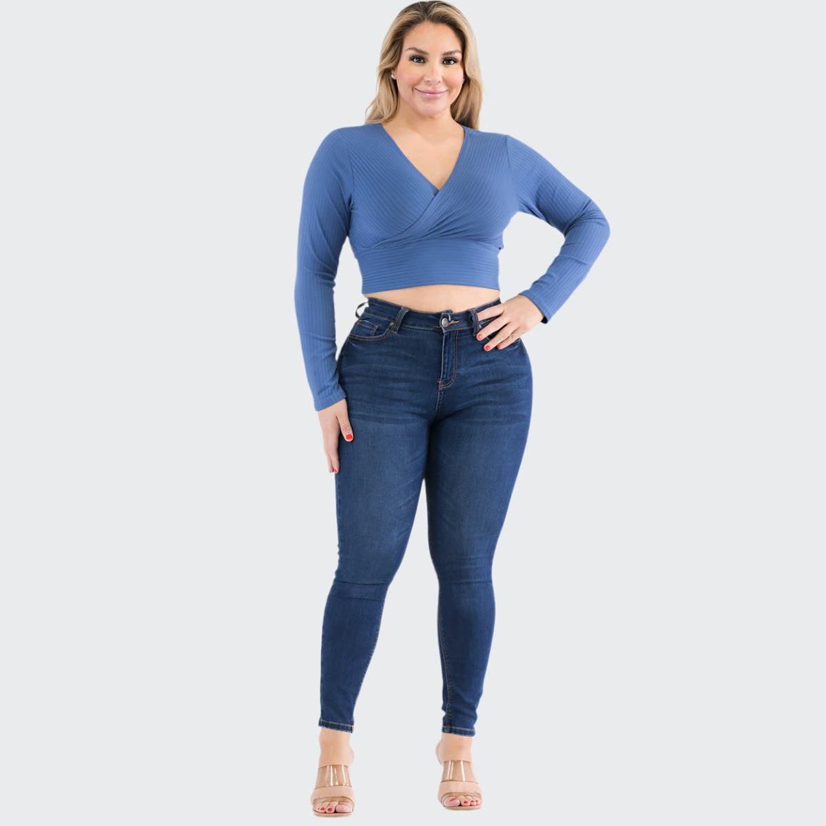 Plus Size Ribbed Wrap Front Long Sleeve Top