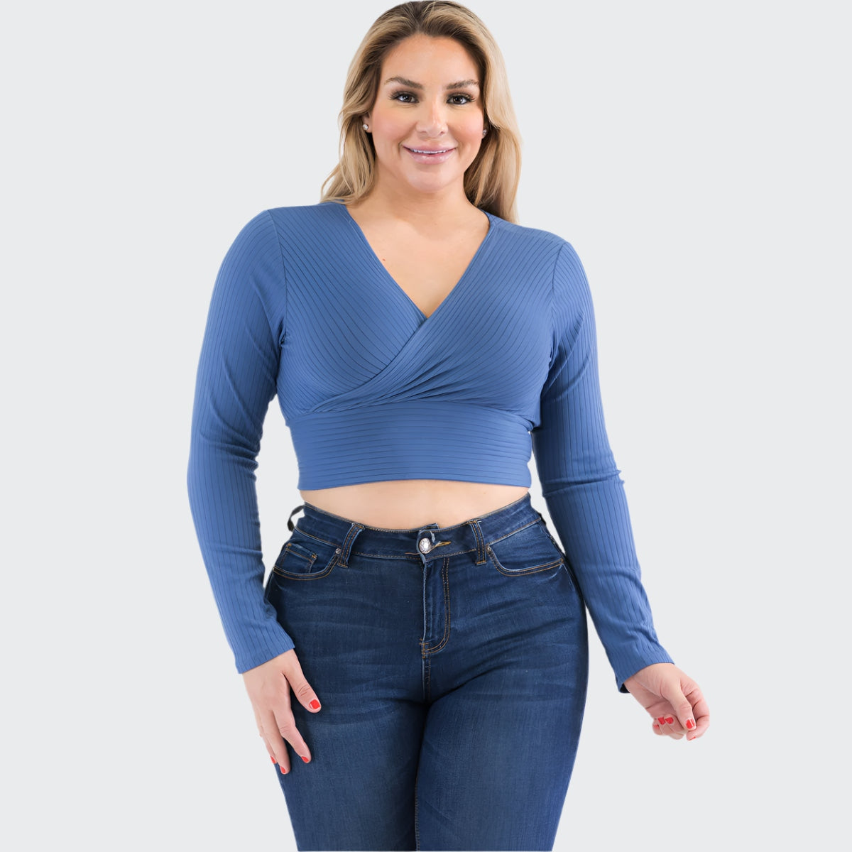 Plus Size Ribbed Wrap Front Long Sleeve Top