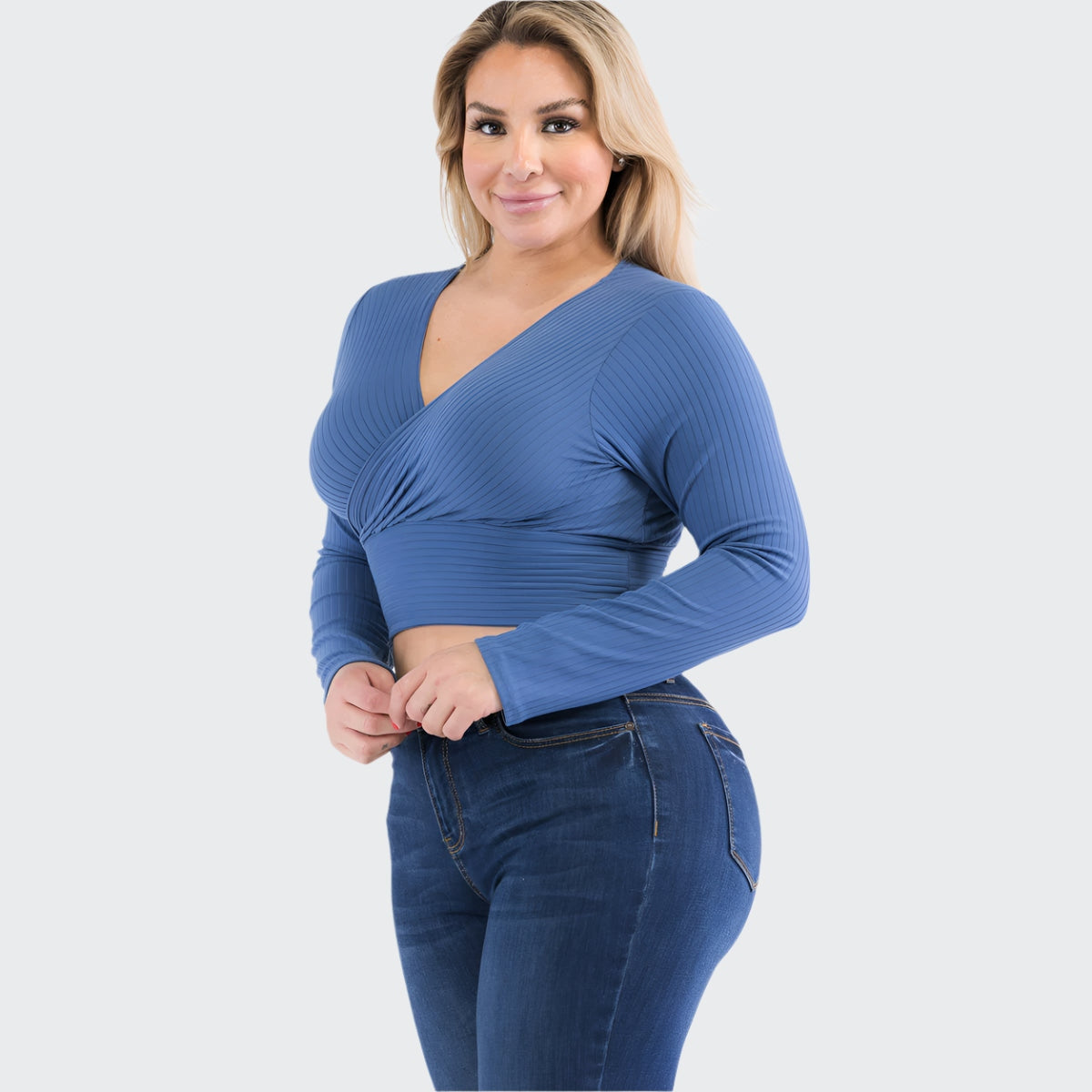 Plus Size Ribbed Wrap Front Long Sleeve Top