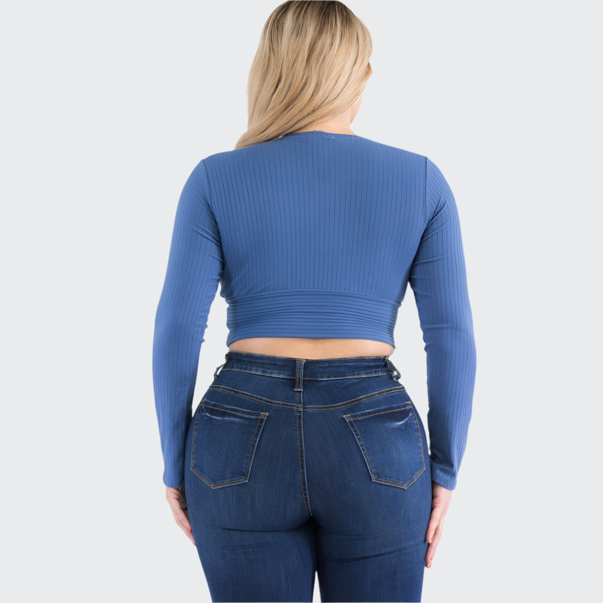 Plus Size Ribbed Wrap Front Long Sleeve Top