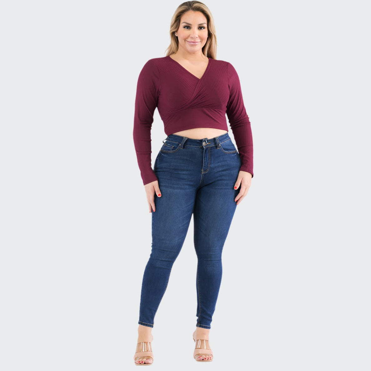 Plus Size Ribbed Wrap Front Long Sleeve Top