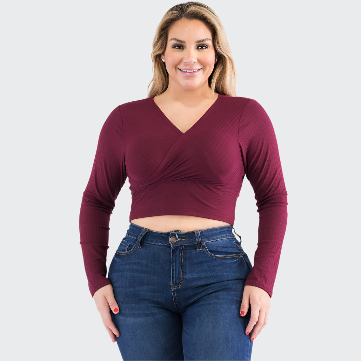 Plus Size Ribbed Wrap Front Long Sleeve Top