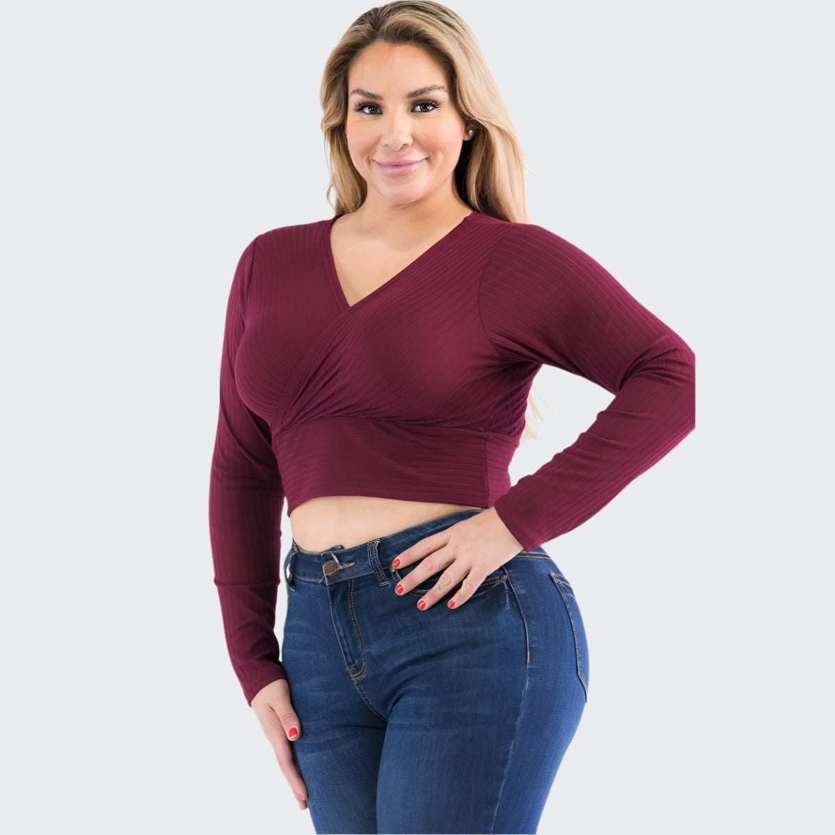 Plus Size Ribbed Wrap Front Long Sleeve Top