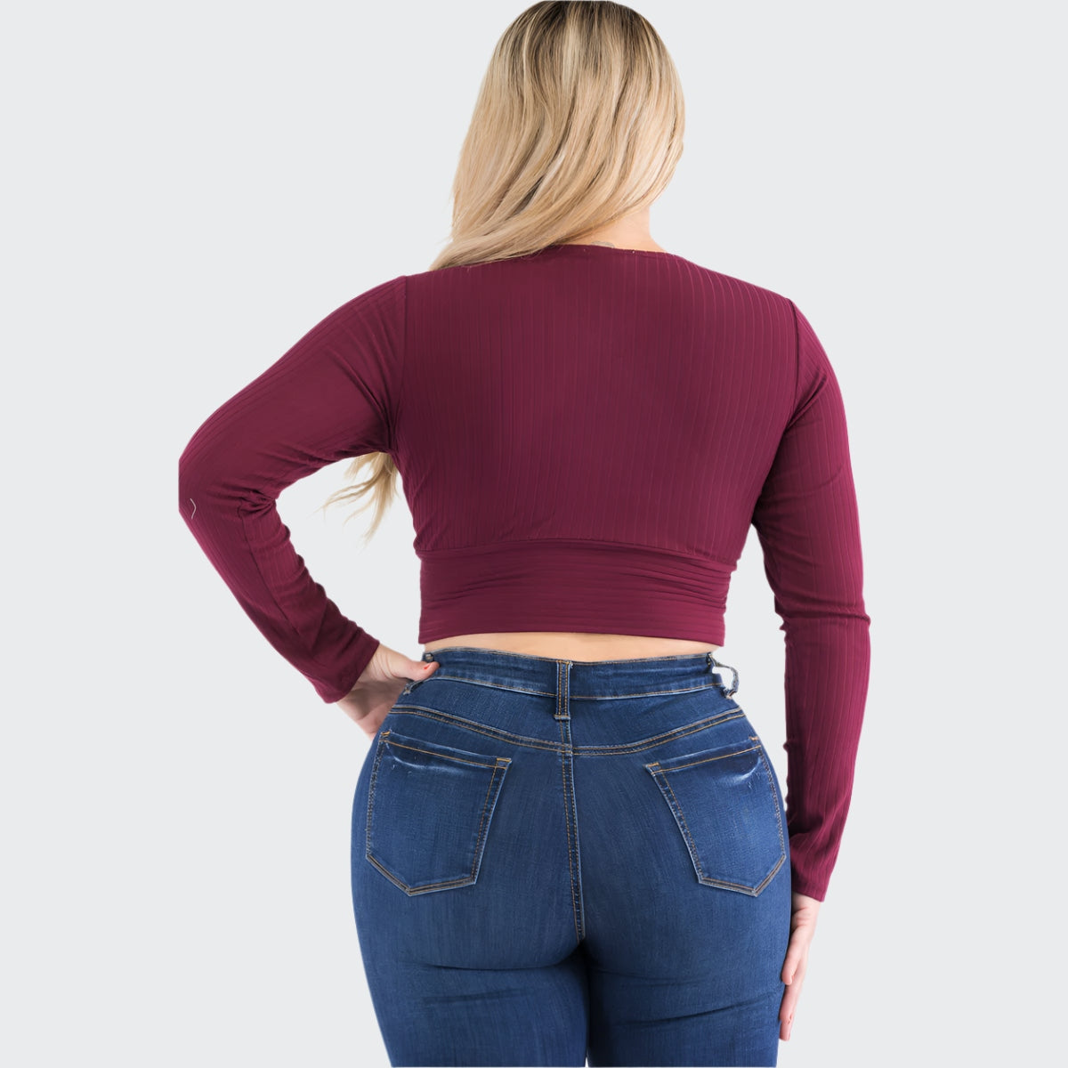 Plus Size Ribbed Wrap Front Long Sleeve Top