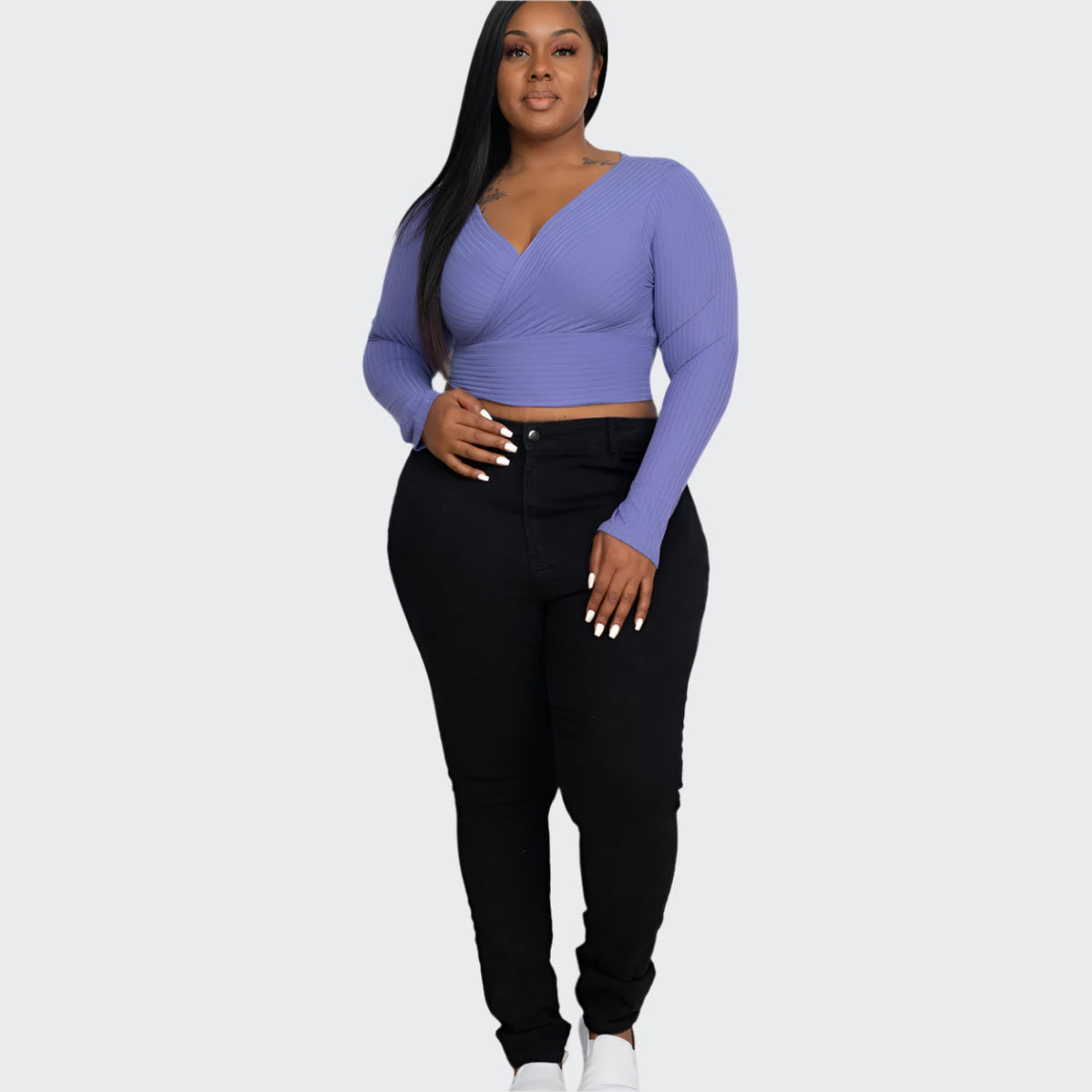 Plus Size Ribbed Wrap Front Long Sleeve Top