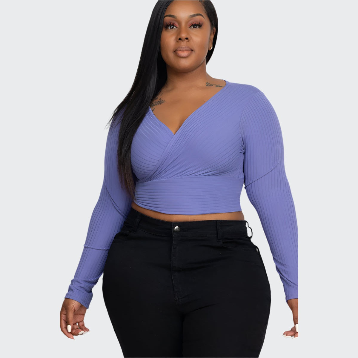 Plus Size Ribbed Wrap Front Long Sleeve Top