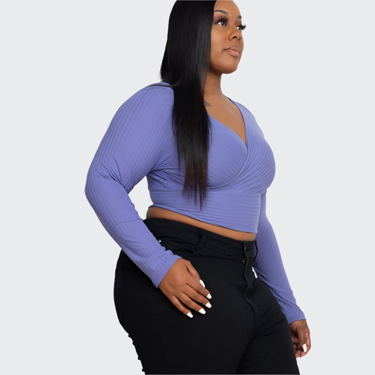Plus Size Ribbed Wrap Front Long Sleeve Top