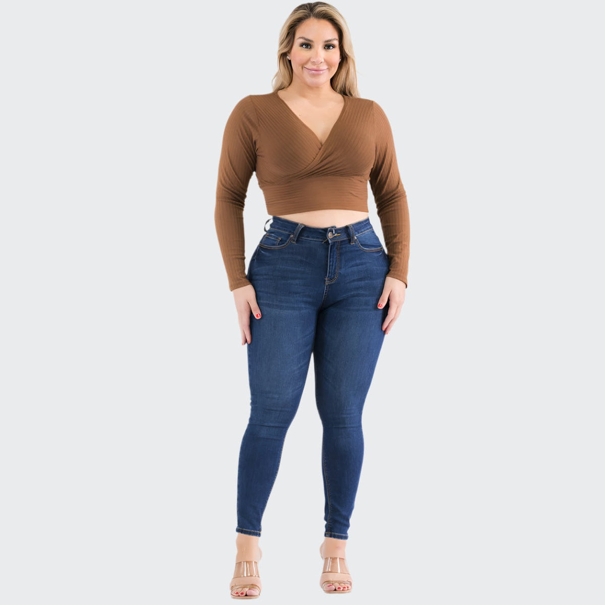 Plus Size Ribbed Wrap Front Long Sleeve Top
