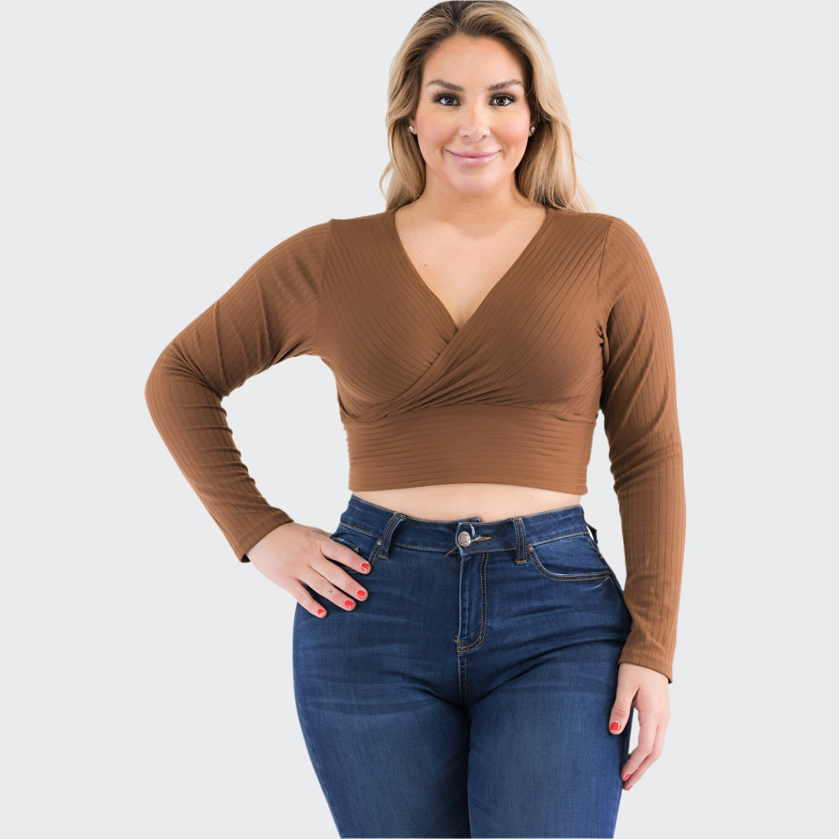 Plus Size Ribbed Wrap Front Long Sleeve Top