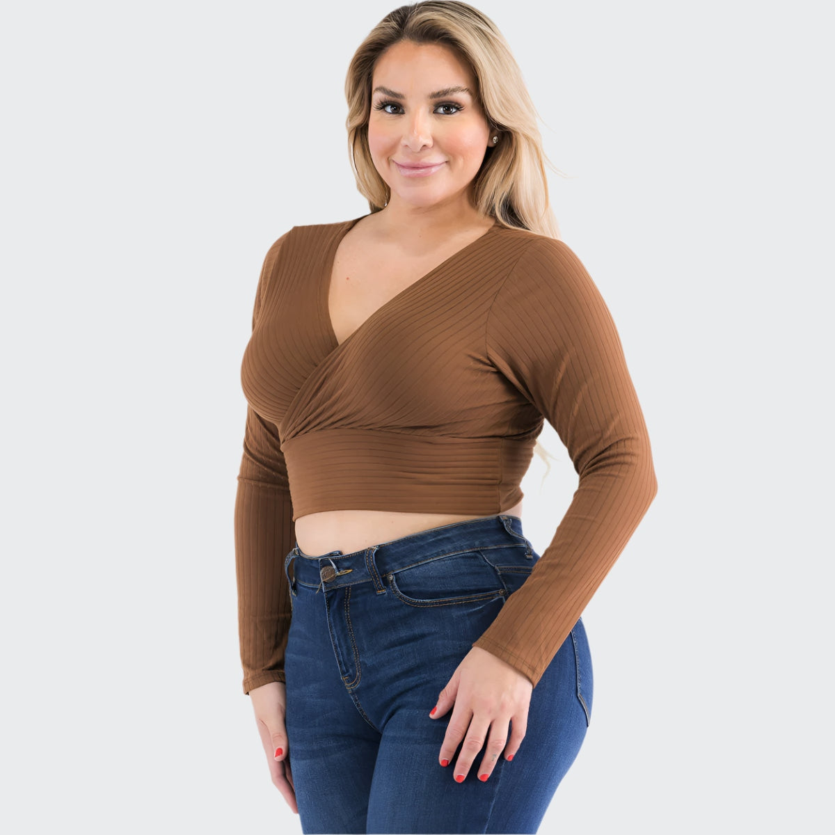 Plus Size Ribbed Wrap Front Long Sleeve Top