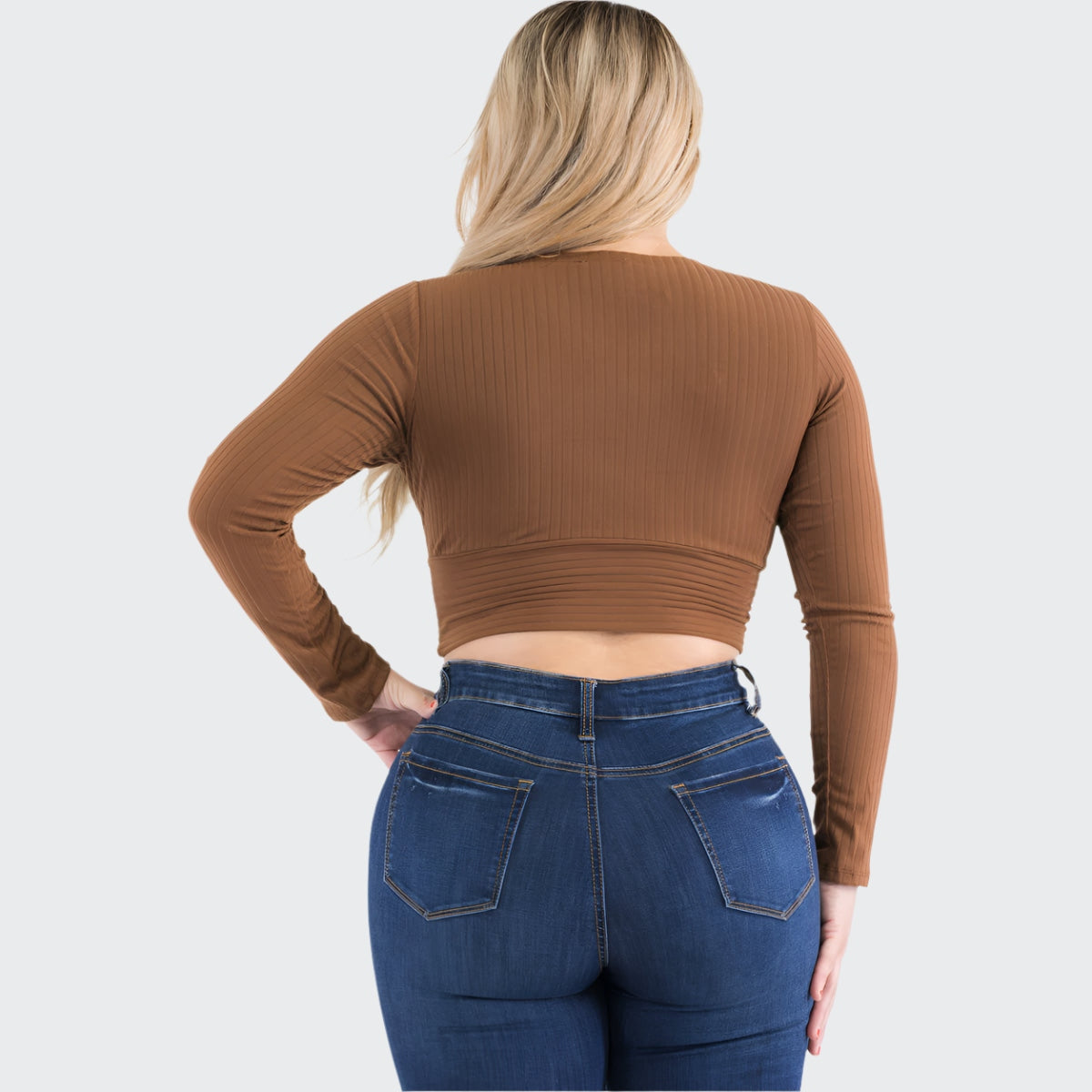 Plus Size Ribbed Wrap Front Long Sleeve Top