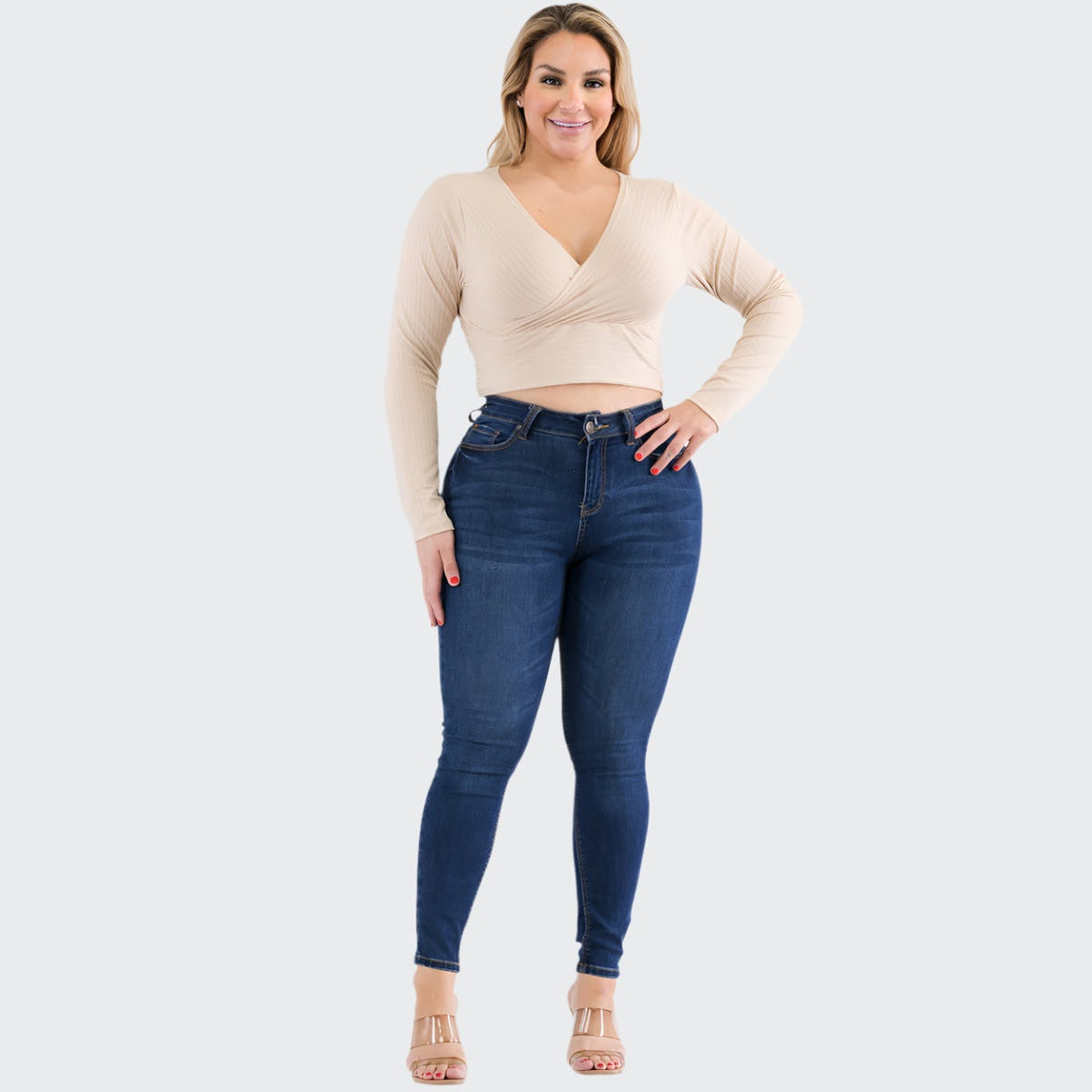Plus Size Ribbed Wrap Front Long Sleeve Top