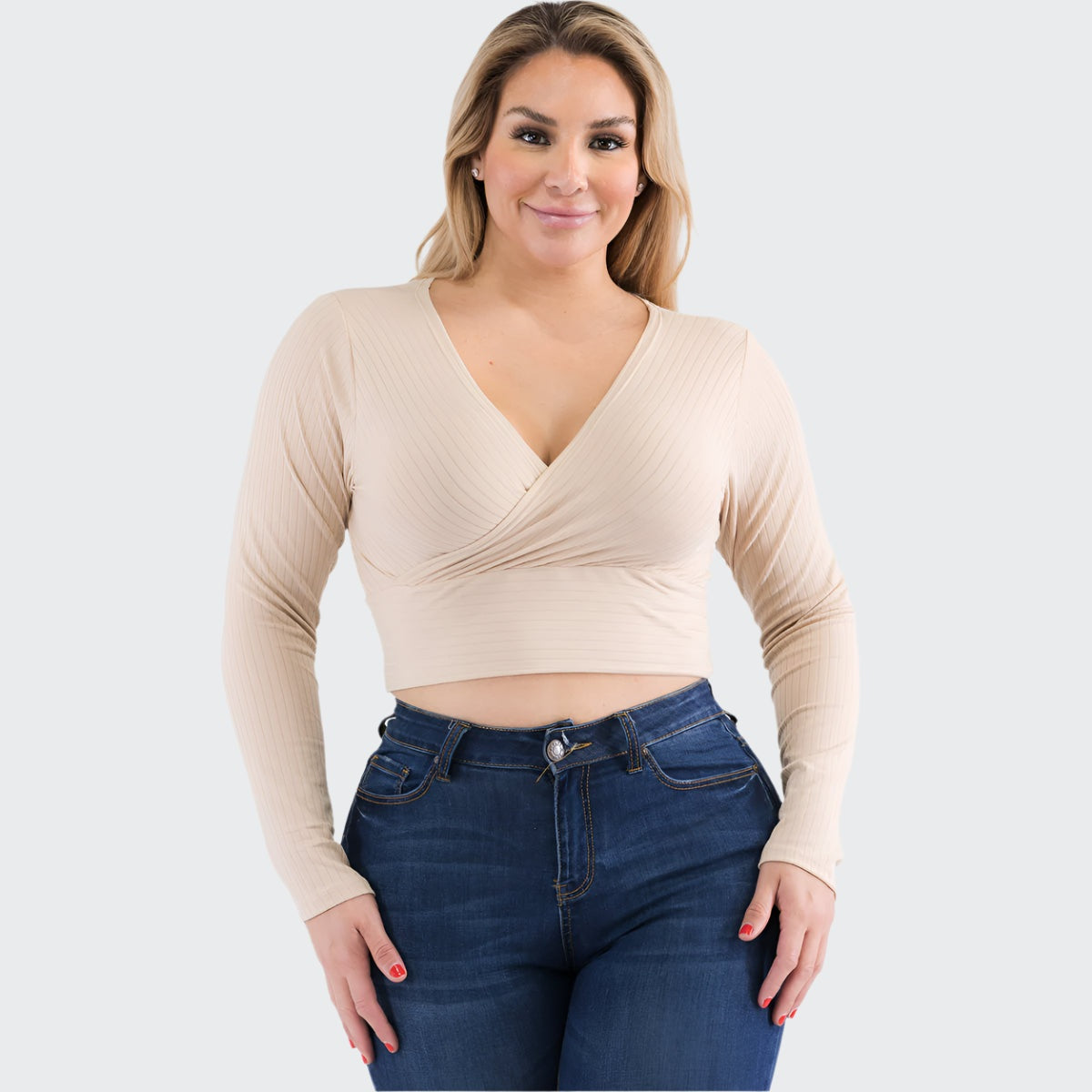 Plus Size Ribbed Wrap Front Long Sleeve Top