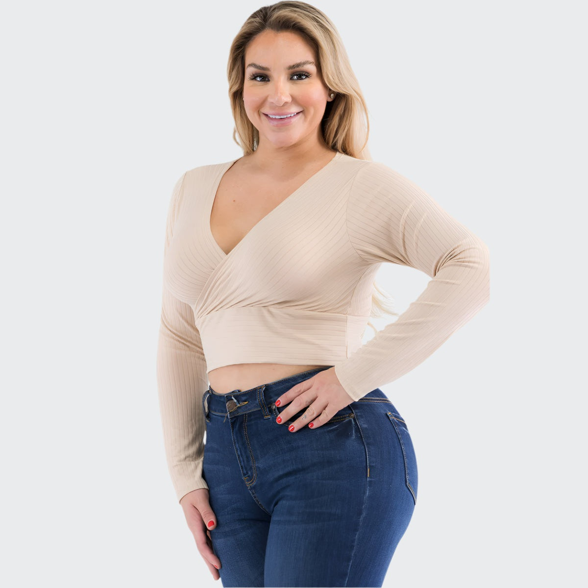 Plus Size Ribbed Wrap Front Long Sleeve Top
