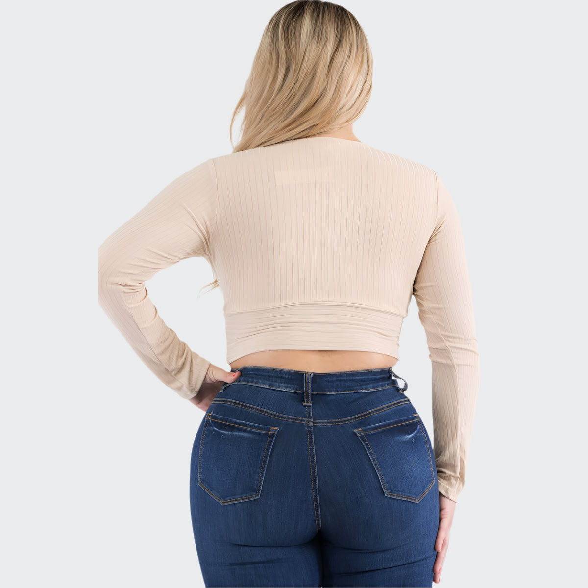 Plus Size Ribbed Wrap Front Long Sleeve Top