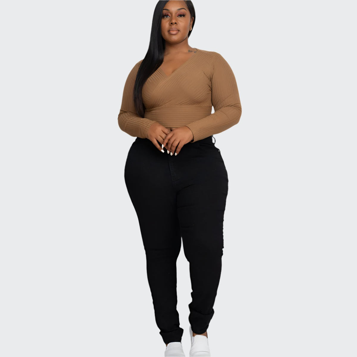 Plus Size Ribbed Wrap Front Long Sleeve Top