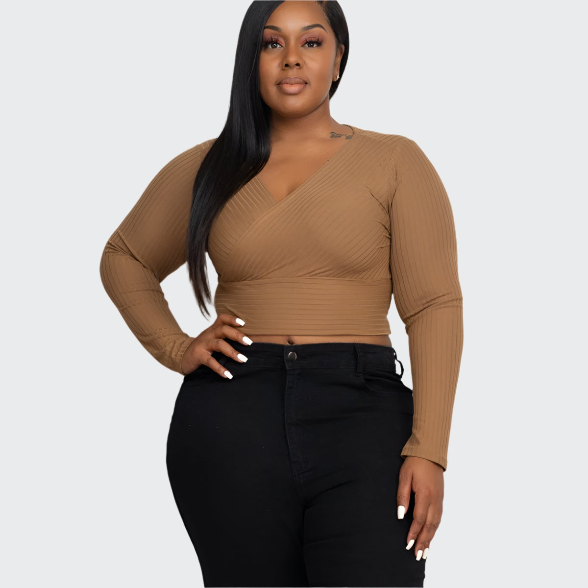 Plus Size Ribbed Wrap Front Long Sleeve Top