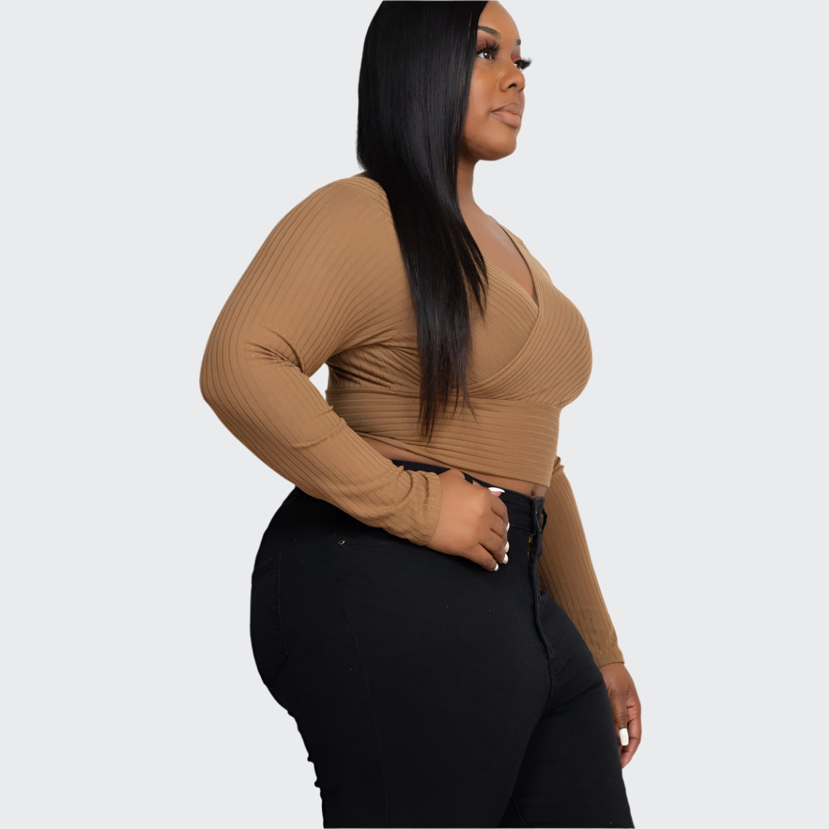 Plus Size Ribbed Wrap Front Long Sleeve Top