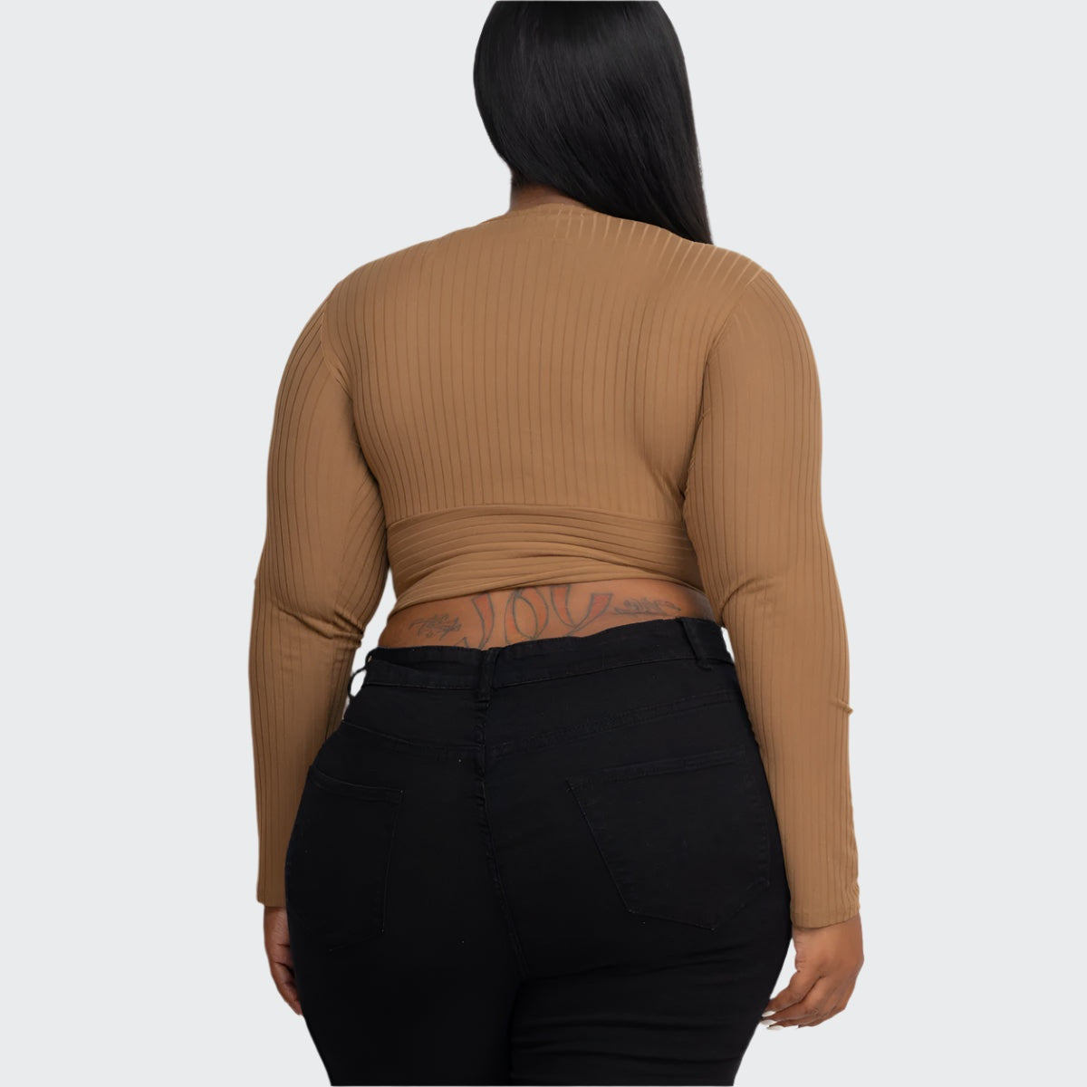 Plus Size Ribbed Wrap Front Long Sleeve Top