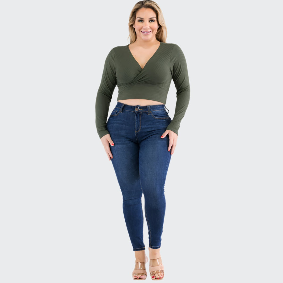 Plus Size Ribbed Wrap Front Long Sleeve Top