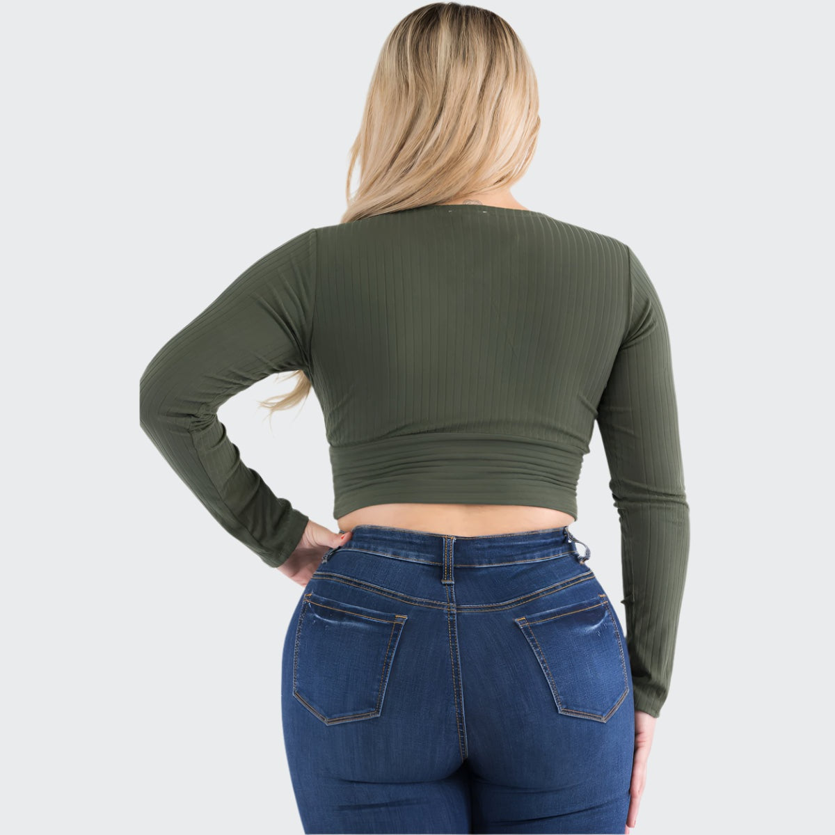 Plus Size Ribbed Wrap Front Long Sleeve Top