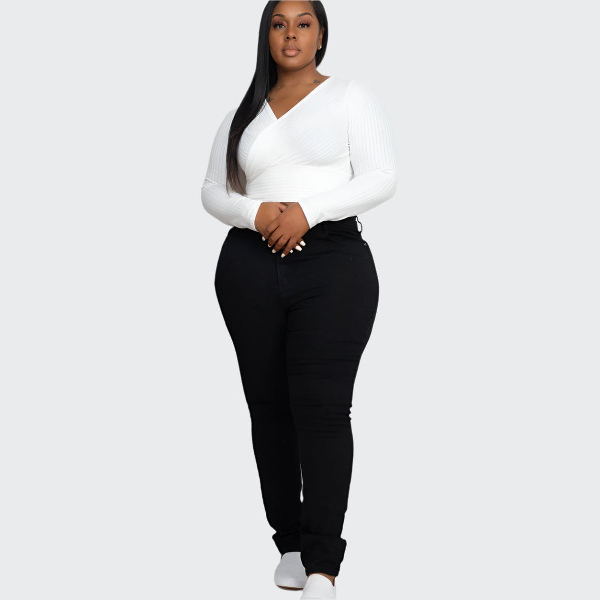 Plus Size Ribbed Wrap Front Long Sleeve Top