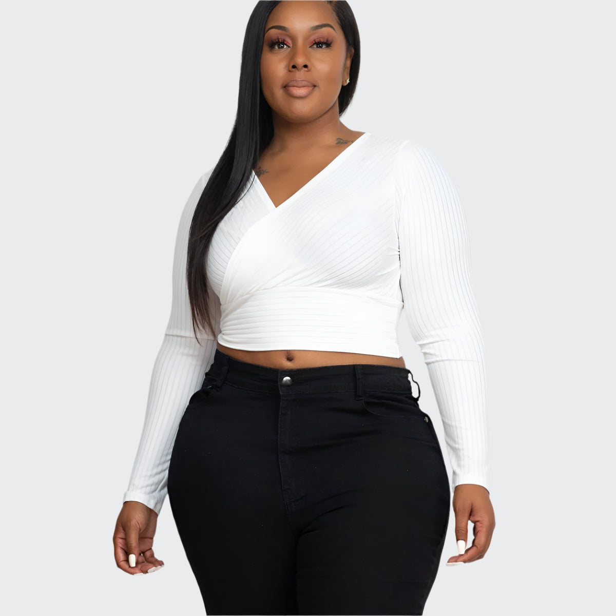 Plus Size Ribbed Wrap Front Long Sleeve Top