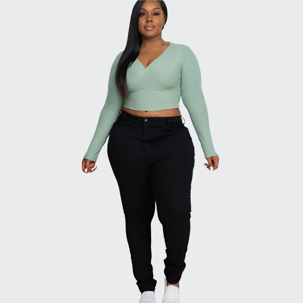 Plus Size Ribbed Wrap Front Long Sleeve Top