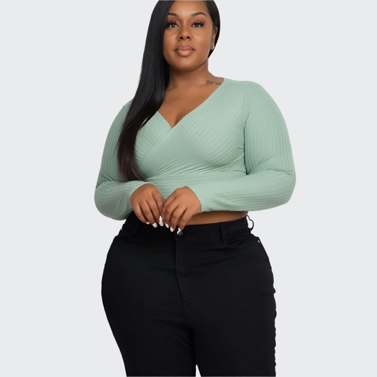 Plus Size Ribbed Wrap Front Long Sleeve Top
