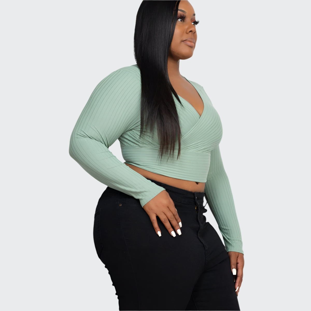 Plus Size Ribbed Wrap Front Long Sleeve Top