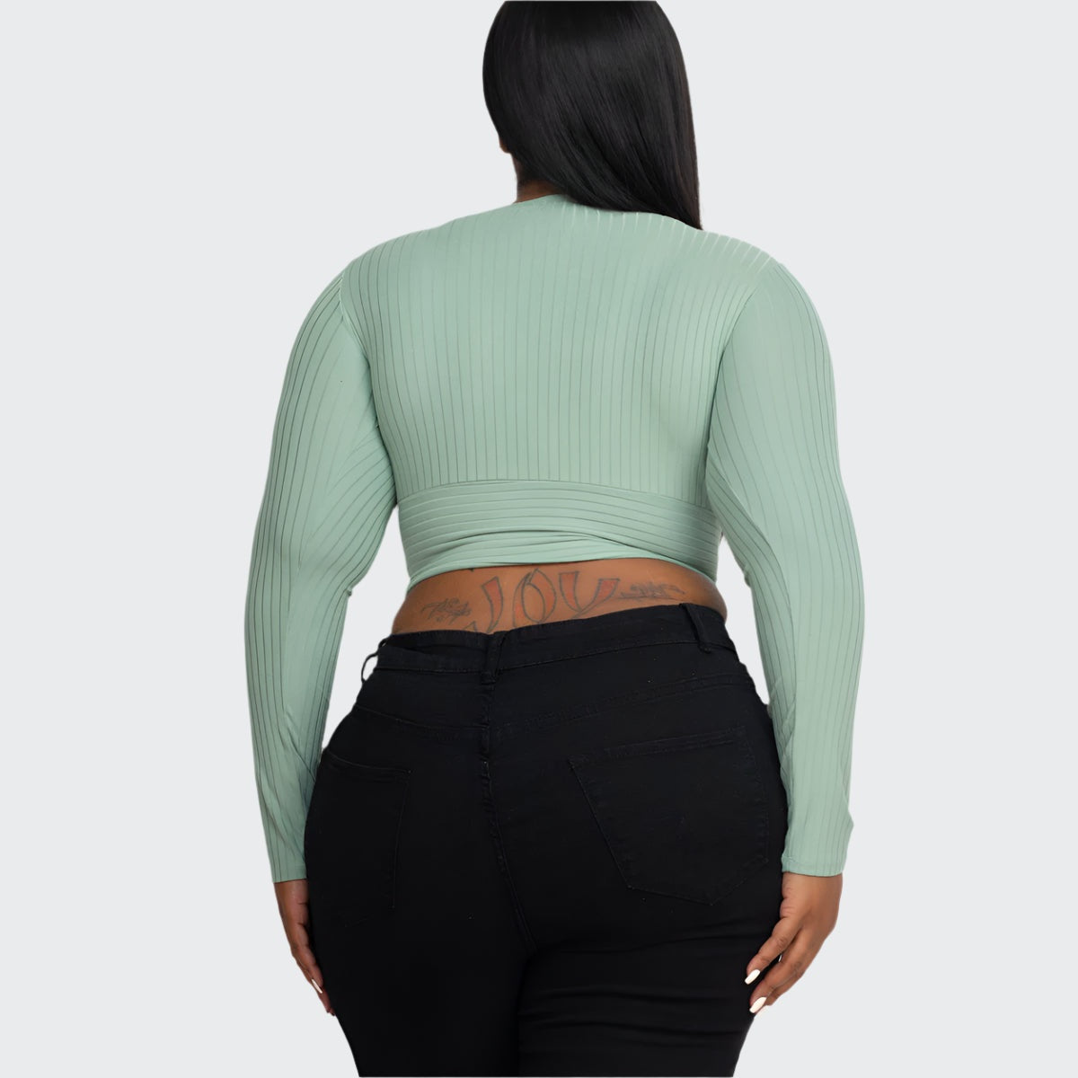 Plus Size Ribbed Wrap Front Long Sleeve Top