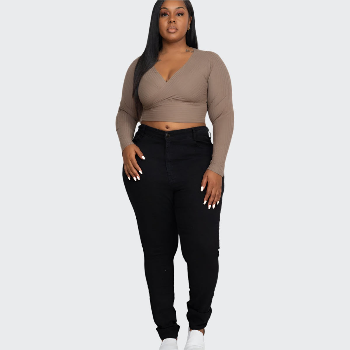 Plus Size Ribbed Wrap Front Long Sleeve Top