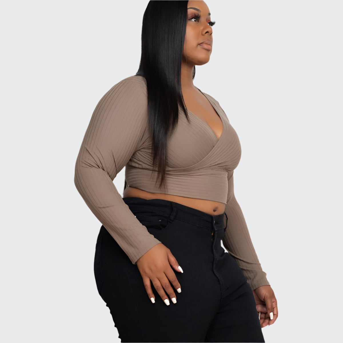 Plus Size Ribbed Wrap Front Long Sleeve Top