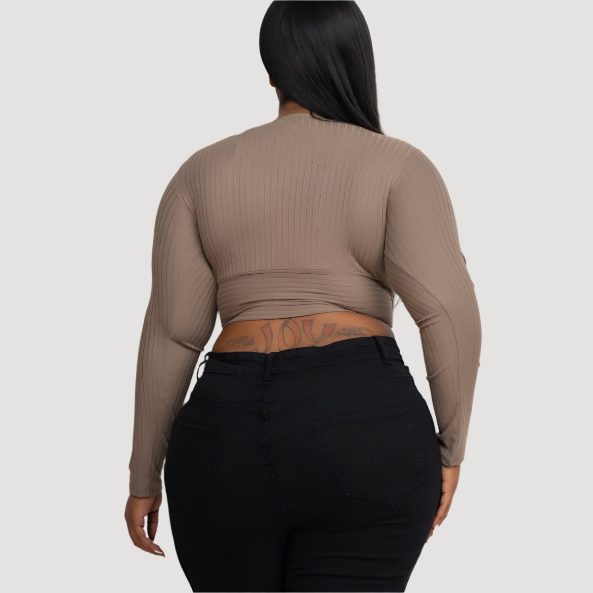 Plus Size Ribbed Wrap Front Long Sleeve Top