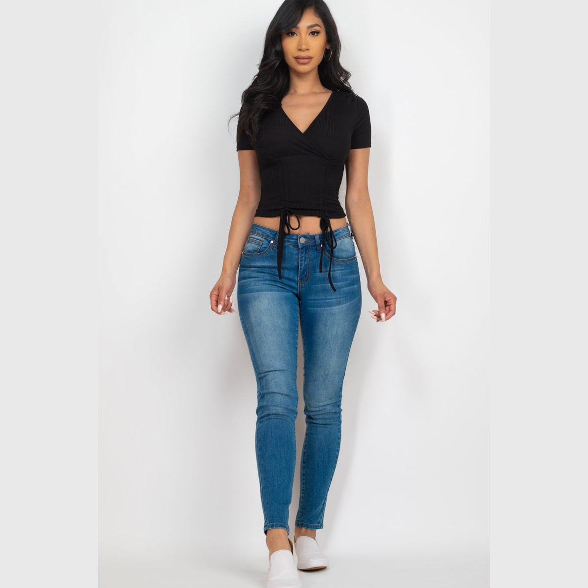 Ribbed Ruched Drawstring Surplice Top