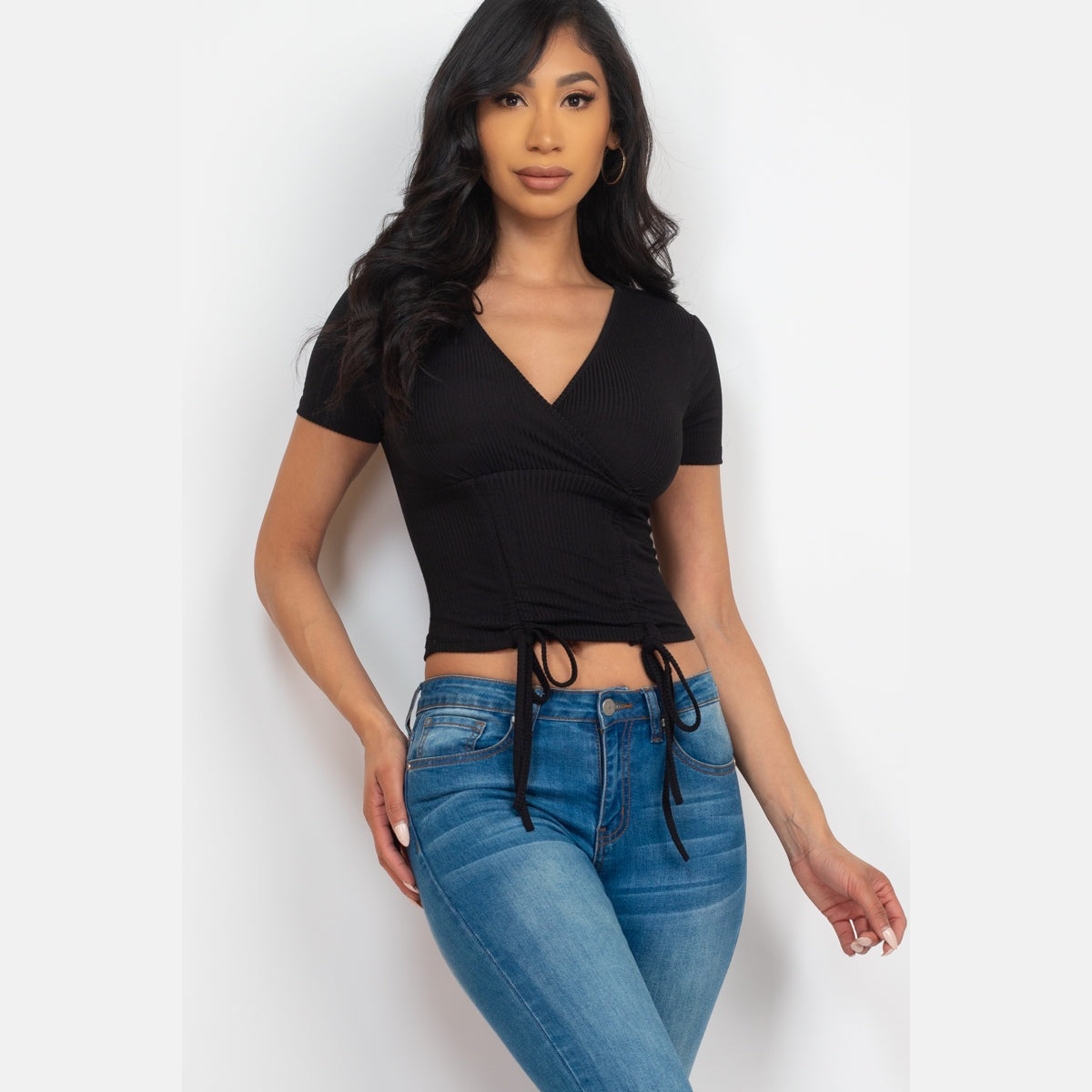 Ribbed Ruched Drawstring Surplice Top
