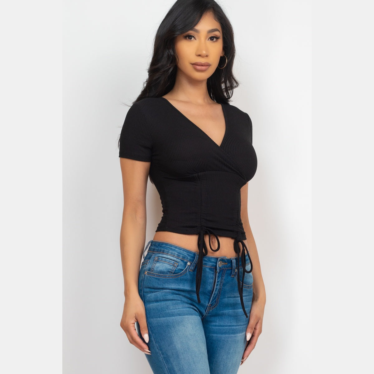 Ribbed Ruched Drawstring Surplice Top