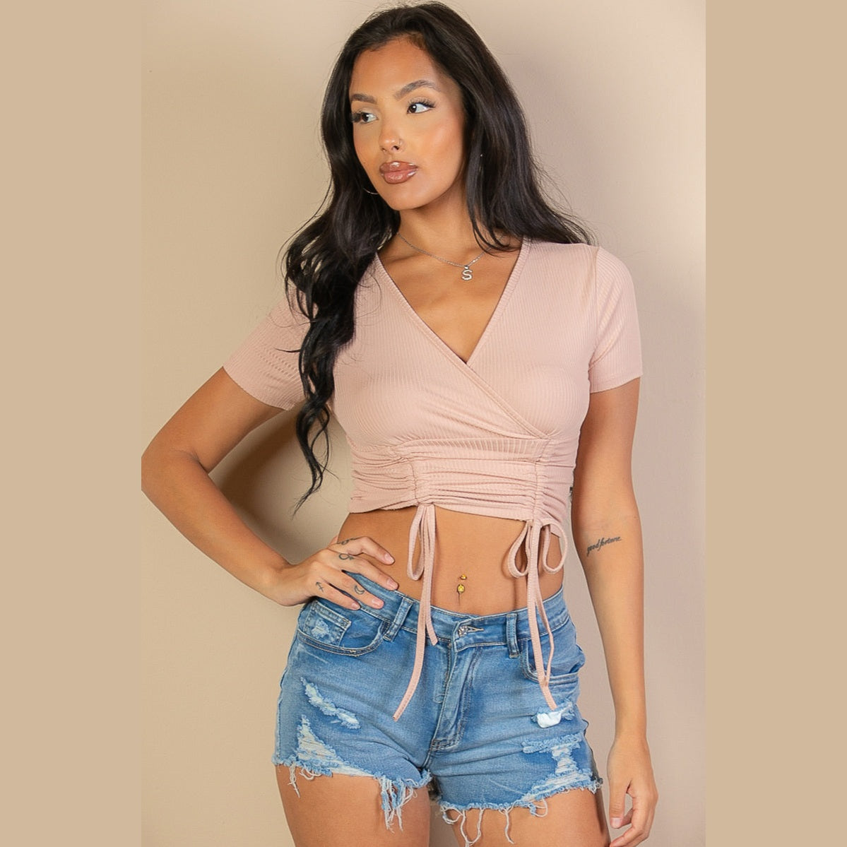 Ribbed Ruched Drawstring Surplice Top