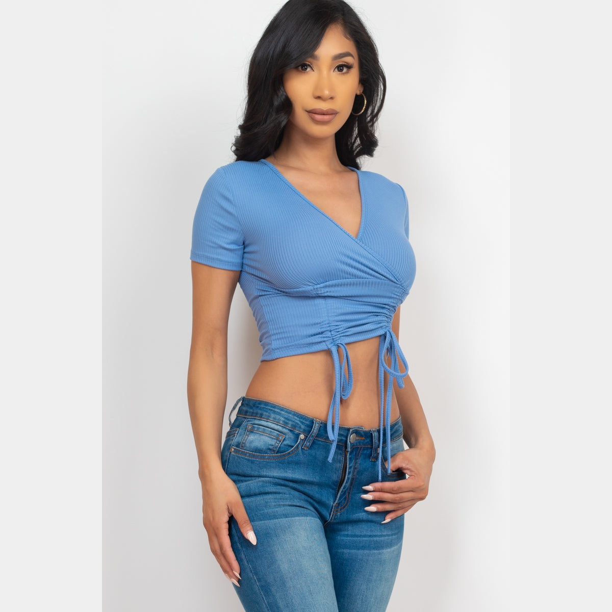 Ribbed Ruched Drawstring Surplice Top