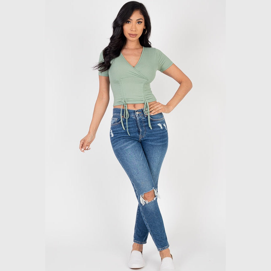 Ribbed Ruched Drawstring Surplice Top
